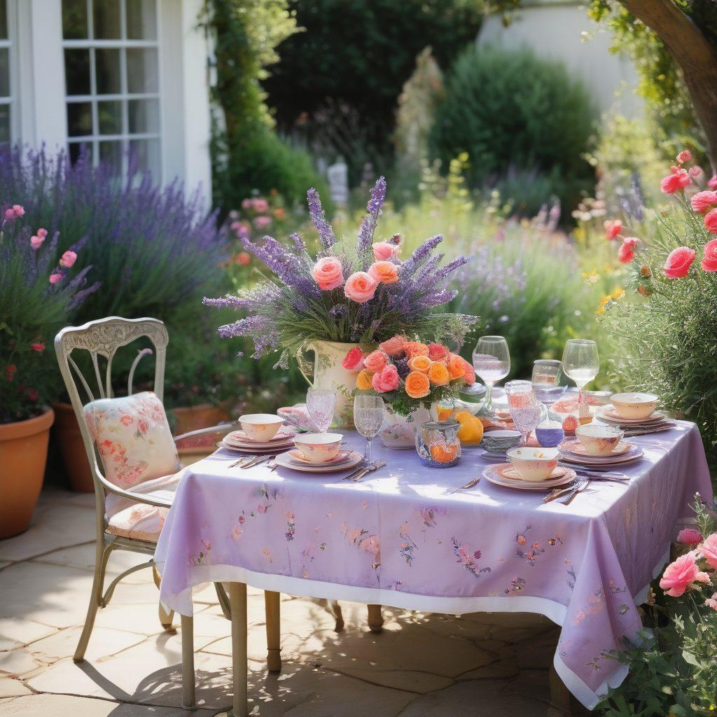 A whimsical garden setting filled with blooming lavender and vibrant roses, with a beautifully laid table featuring colorful dishes and cheerful decorations. Soft sunlight filters through the leaves, casting a warm glow over the scene. Guests of different backgrounds are joyfully mingling, adding a sense of warmth and connection. Floral patterns and cheerful designs enhance the ambiance. watercolor painting. bright colors. soft focus.