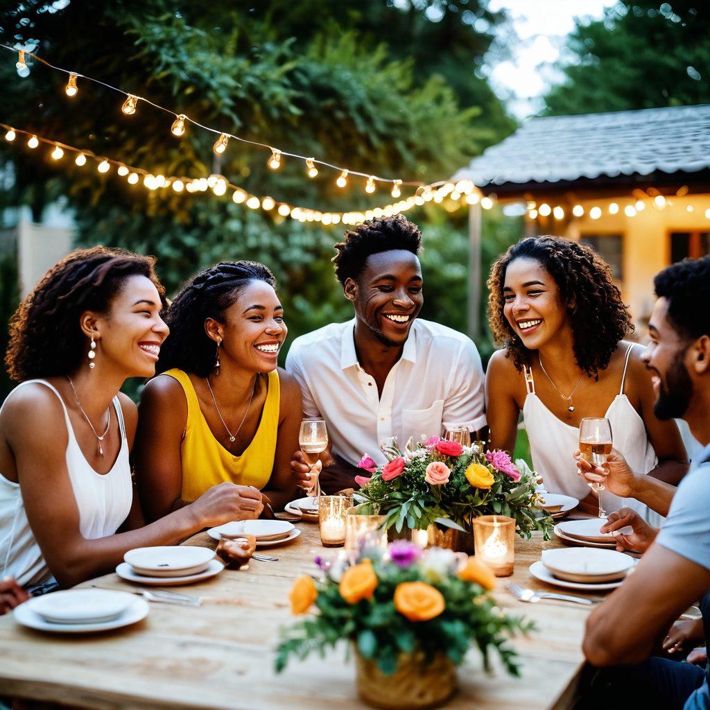 A diverse group of friends laughing and sharing stories around a beautifully set table outdoors, adorned with vibrant flowers and fairy lights, creating a warm and inviting atmosphere. Capture their joyful expressions and the lively ambiance of togetherness, with nature in the background. soft focus, warm colors. super-realistic.