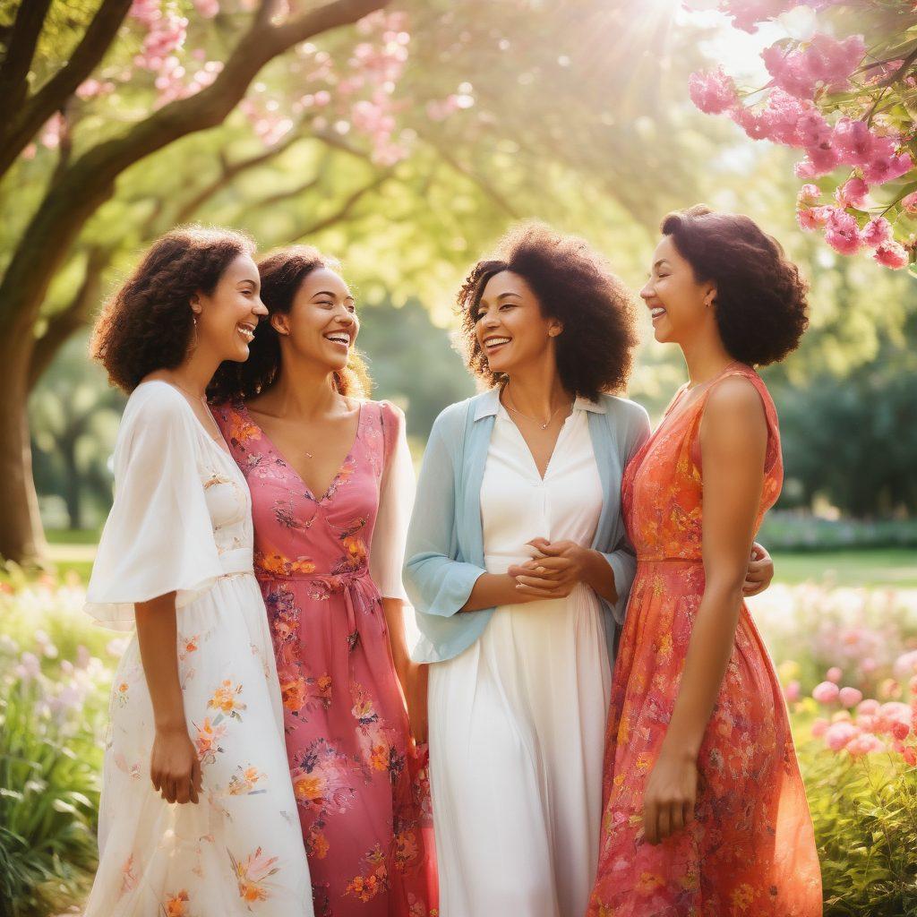 A diverse group of friends, elegantly dressed, laughing and sharing moments in a blooming park setting with colorful flowers and soft sunlight filtering through the trees. The atmosphere radiates warmth and joy, symbolizing unity and togetherness in elegance. Captured in a vibrant, painterly style, with a focus on their joyful expressions and the beauty of nature around them.